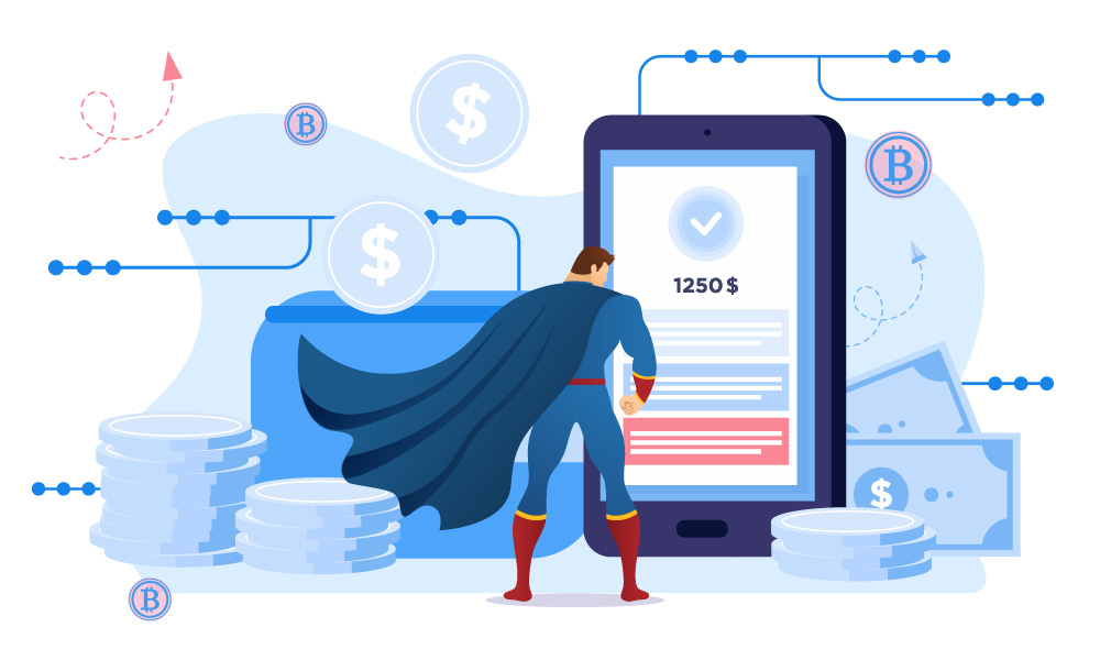 A vector image of a superman staying next to the phone that processing transactions