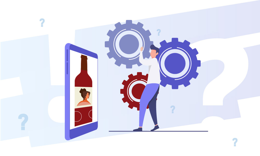 A vector image of a person who spins gears next to the phone with AR wine bottle on the screen