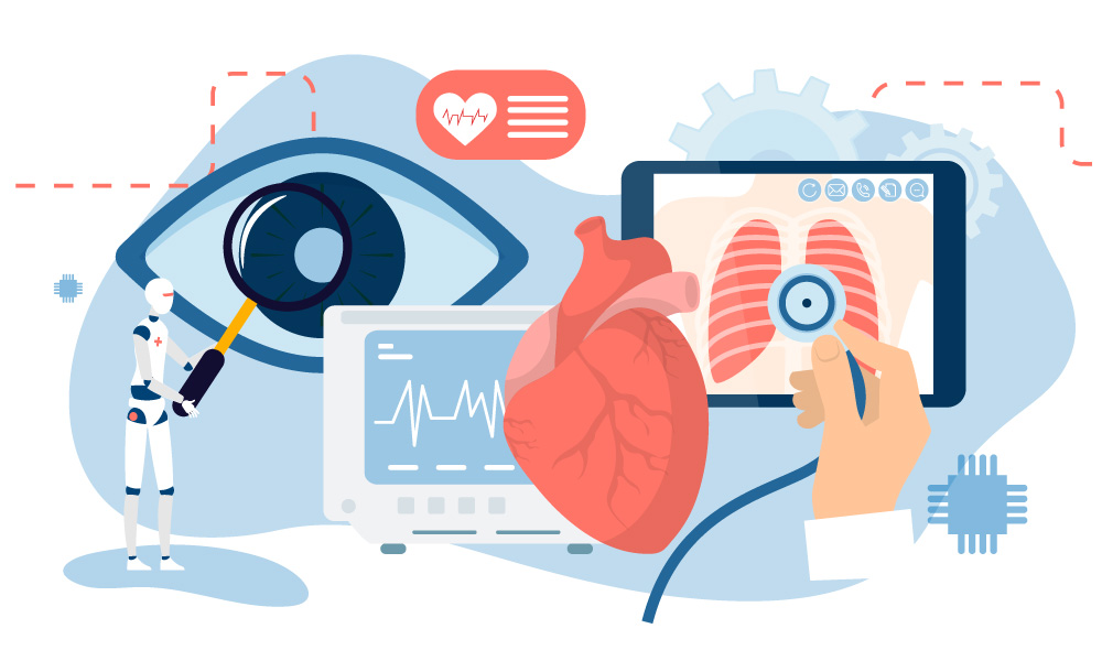 A human hand and a robot examine human organs: lungs, eyes, heart