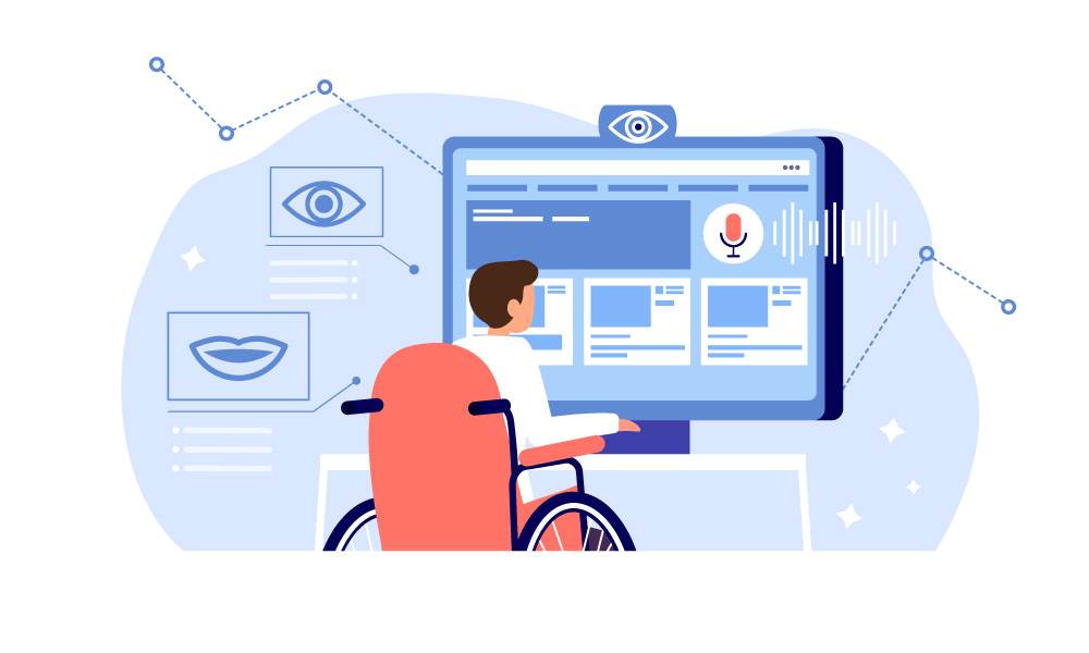 A person with motor impairment controls the computer with the help of eye movements, facial expressions, and voice