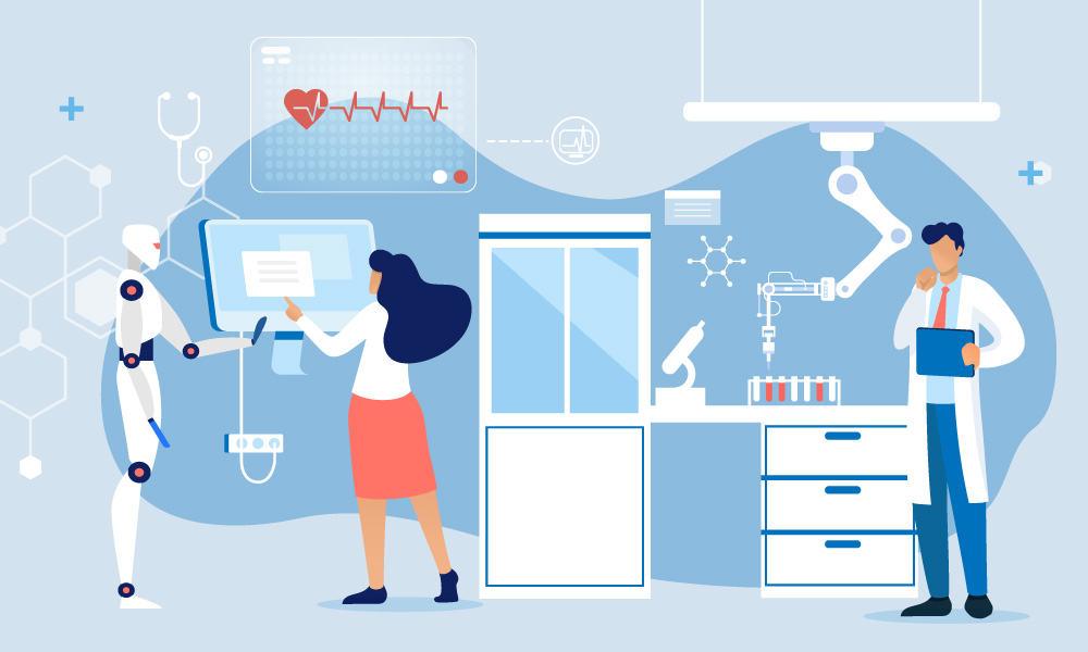 Cooperation of two health workers and a robot on checking data