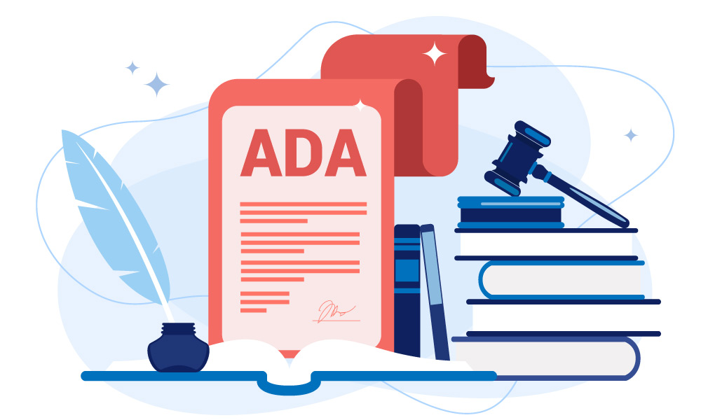 A printed ADA document next to an inkwell and a pile of books