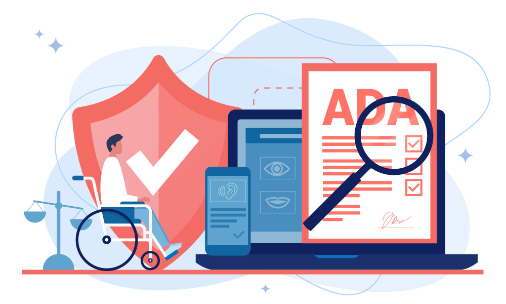 A human in a wheelchair investigating ADA document with the help of a magnifier