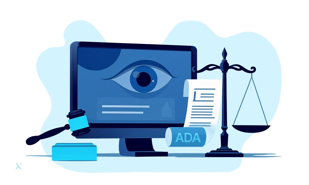 Scales and ADA document next to a monitor with a human eye on a screen