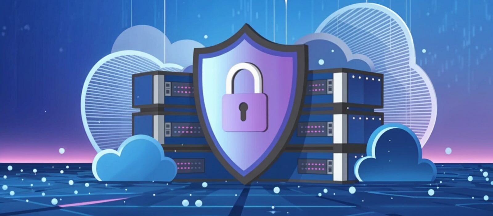 Computer servers secured by a shield with a lock icon
