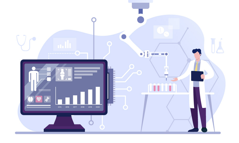 A scientist in a research laboratory analyzing data with the help of artificial intelligence