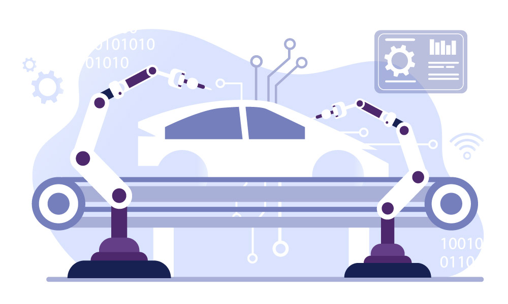 Robot arms take part in car manufacturing and assembly