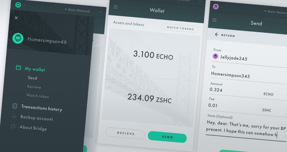 A screenshot of Bridge application dashboard, wallet page, and transaction details