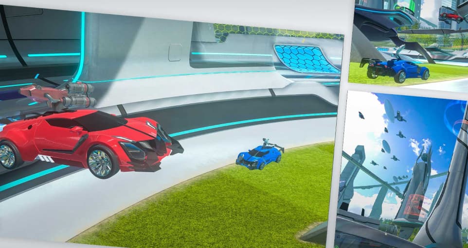 Battle of red and blue cars on a futuristic battleground