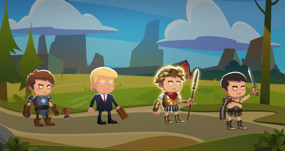 Characters of Duels game on a countryside background