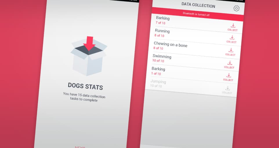 Screens on collected data, and audio samples of recorded dog activities