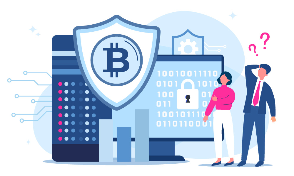 Two people standing next to a personal computer and a shield with bitcoin icon