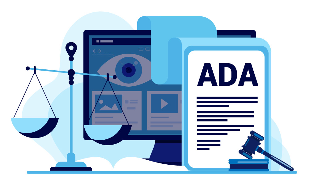 Scales and ADA document next to a monitor with a human eye on a screen