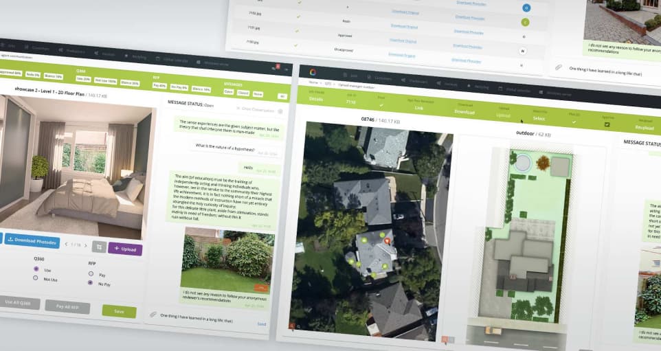 Real estate management dashboard with chat, text information, plans, and photos