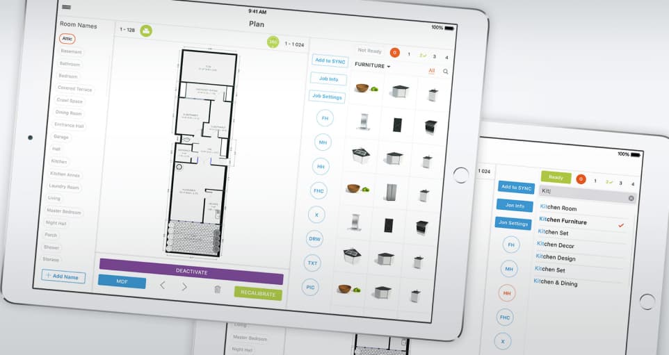 An apartment plan and a list of furniture on a tablet