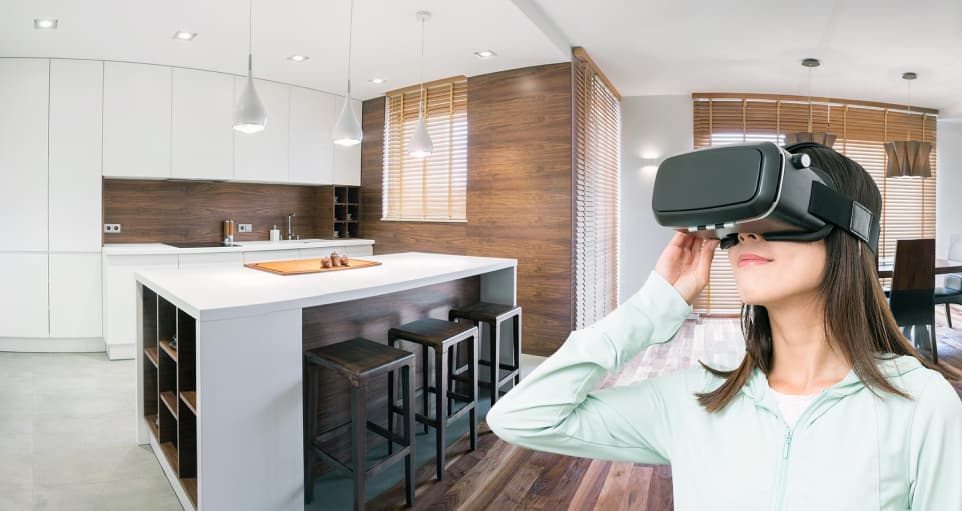 A person wearing VR headset examine an apartment