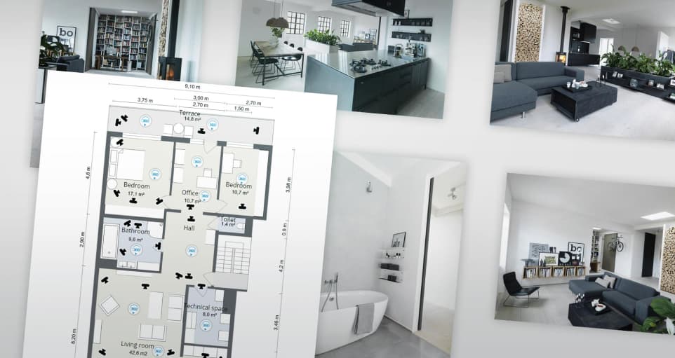 An apartment interior from various angles and building layout