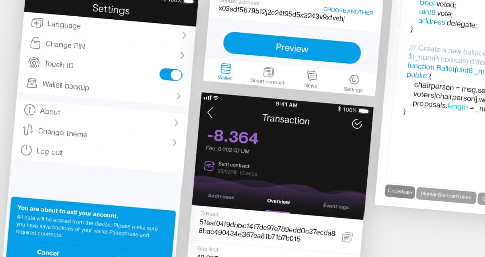 Qtum Wallet screens of settings, transaction, and code