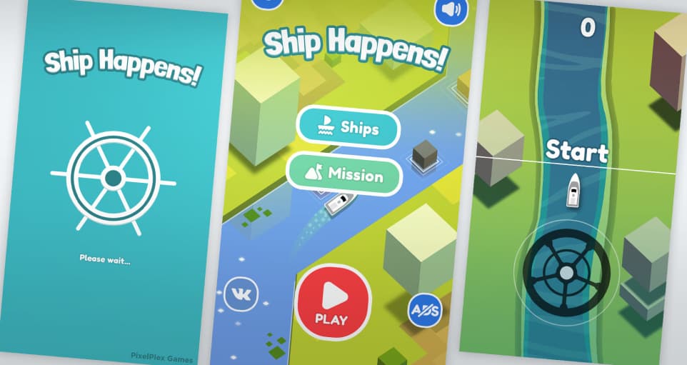 Loading screen, home screen, and starting screen of Ship Happens game