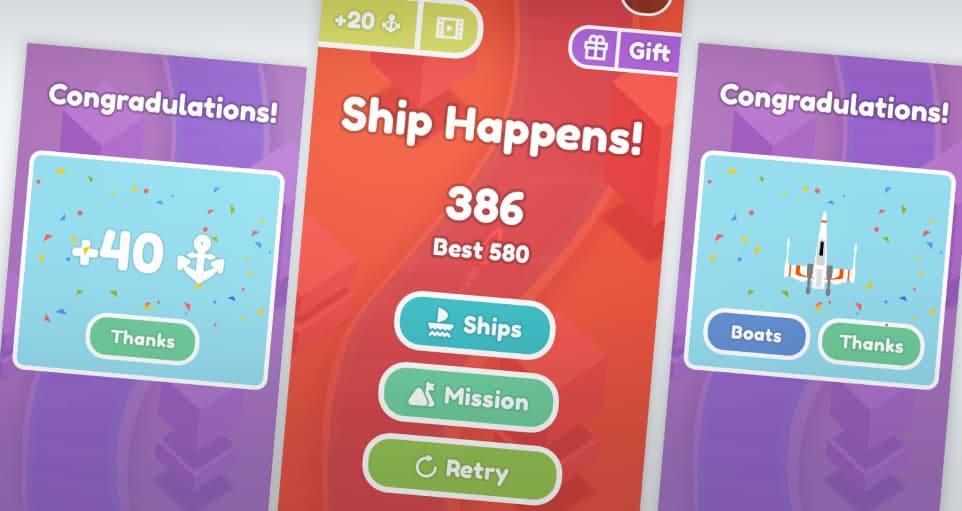 Retry and achievements screens of Ship Happens game