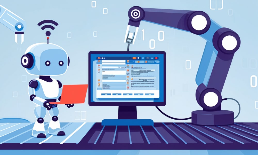 An android operating conveyor robot arms with the help of a laptop