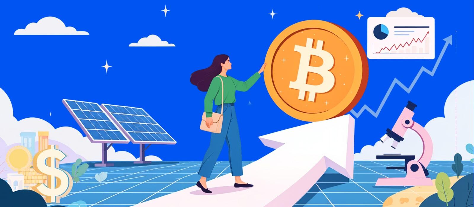 A woman standing on top of a bending arrow with a bitcoin sign on top surrounded by symbols of innovation such as solar panels and science equipment