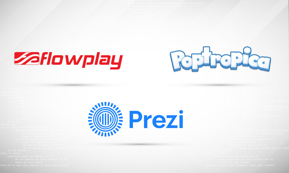 A frame of icons of Flowplay, Prezi, and Poptropica on a light background