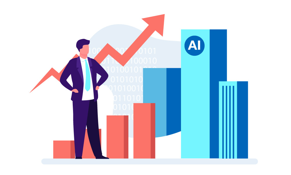A person in a business suit on the background of a chart and AI icon
