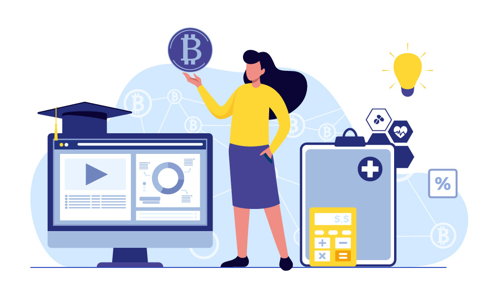A person holding a bitcoin next to a monitor and icons of different industries: healthcare, education, retail