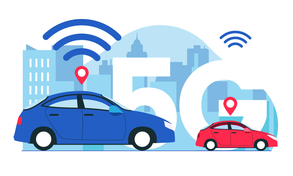 Wireless network icons above two cars next to 5G sign