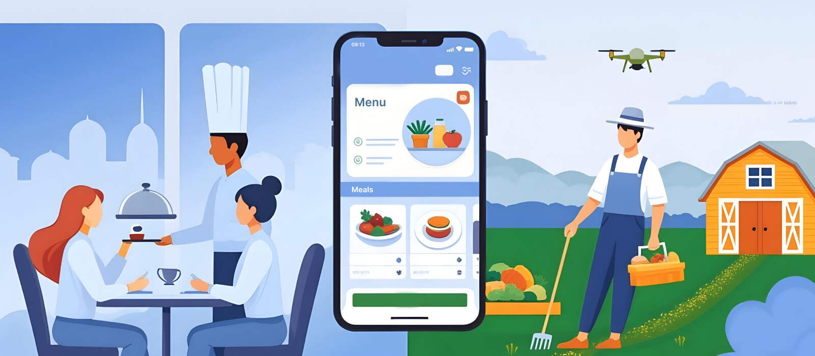People demonstrating food delivery cycle: from harvesting to a restaurant dishes serving