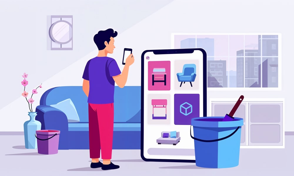 A person exploring room interior with the help of a phone