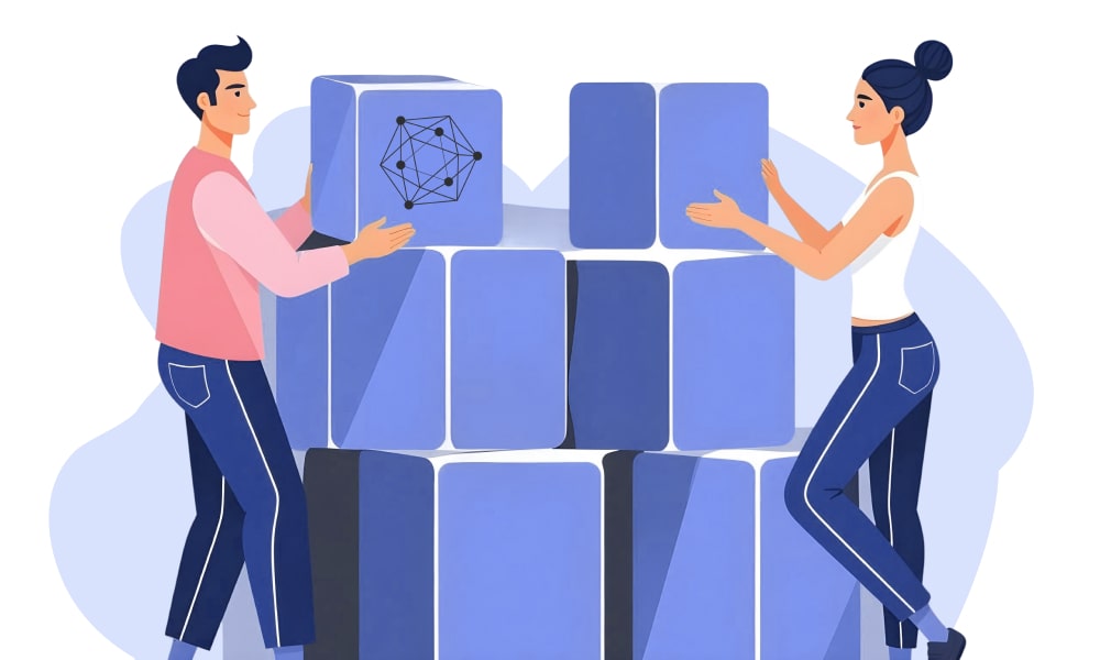 Two people constructing a cube of blocks with Hyperledger logo on the surface