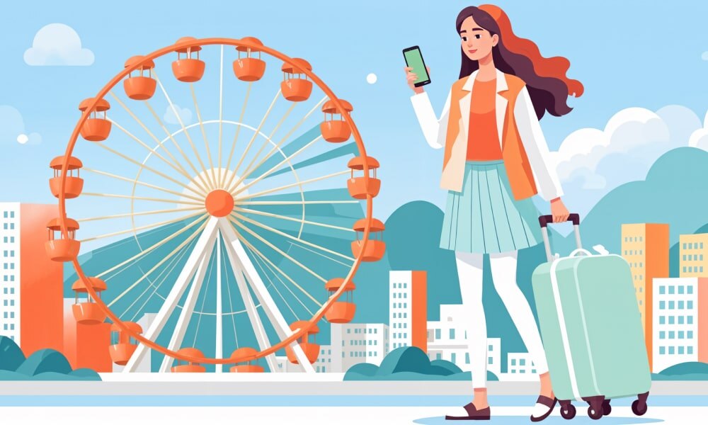 A person carrying a suitcase on wheels on a smart city background