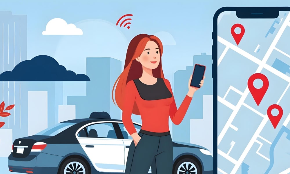 A person next to a car and mobile map app