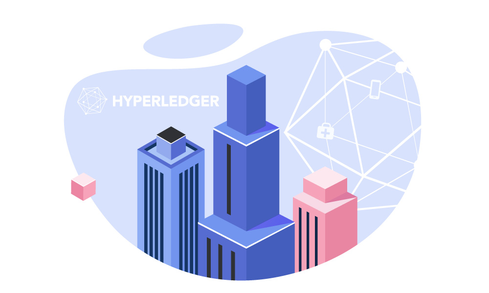 Hyperledger logo on skyscrapers background