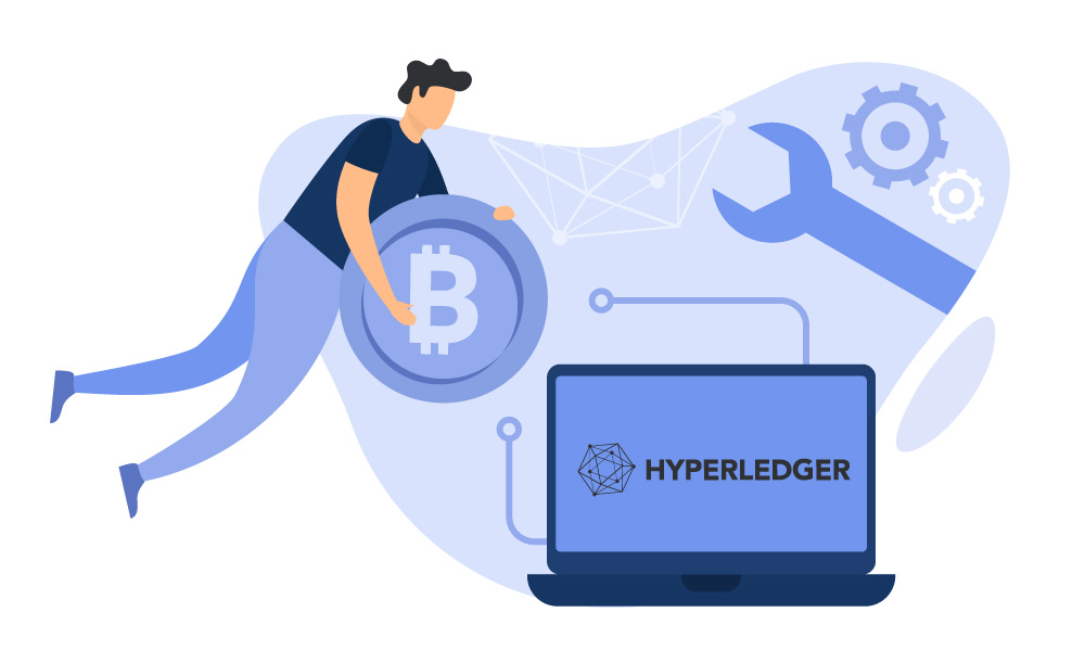 A person holding a bitcoin next to a laptop with Hyperledger logo on the screen