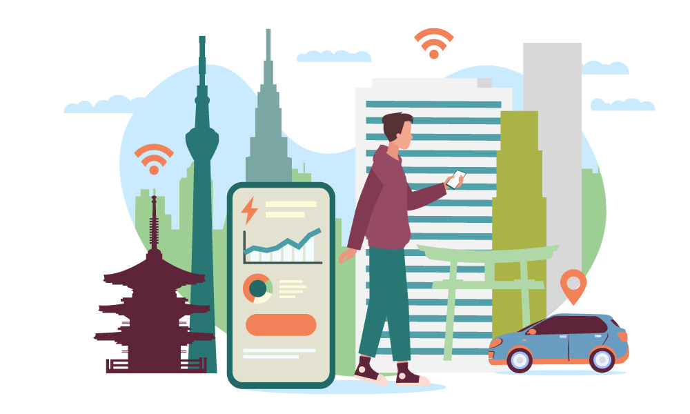 A person in a smart city surrounded by IoT devices