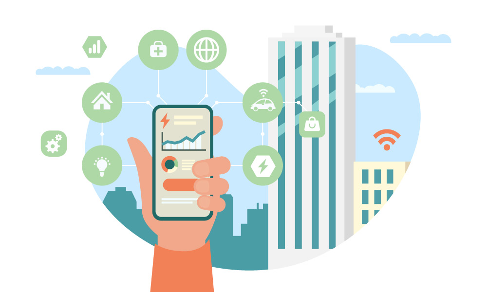 A hand with a phone surrounded by the icons of industries influenced by IoT