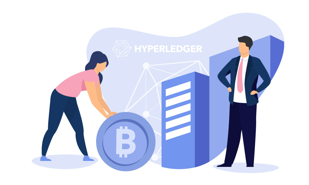 Two people next to a bitcoin and Hyperledger logo