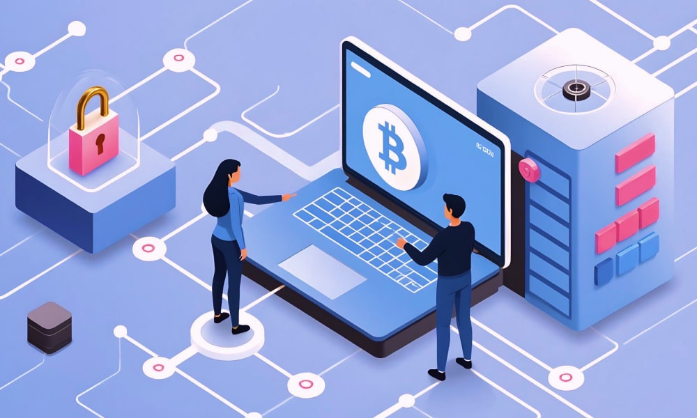 Two people pointing on Ethereum logo