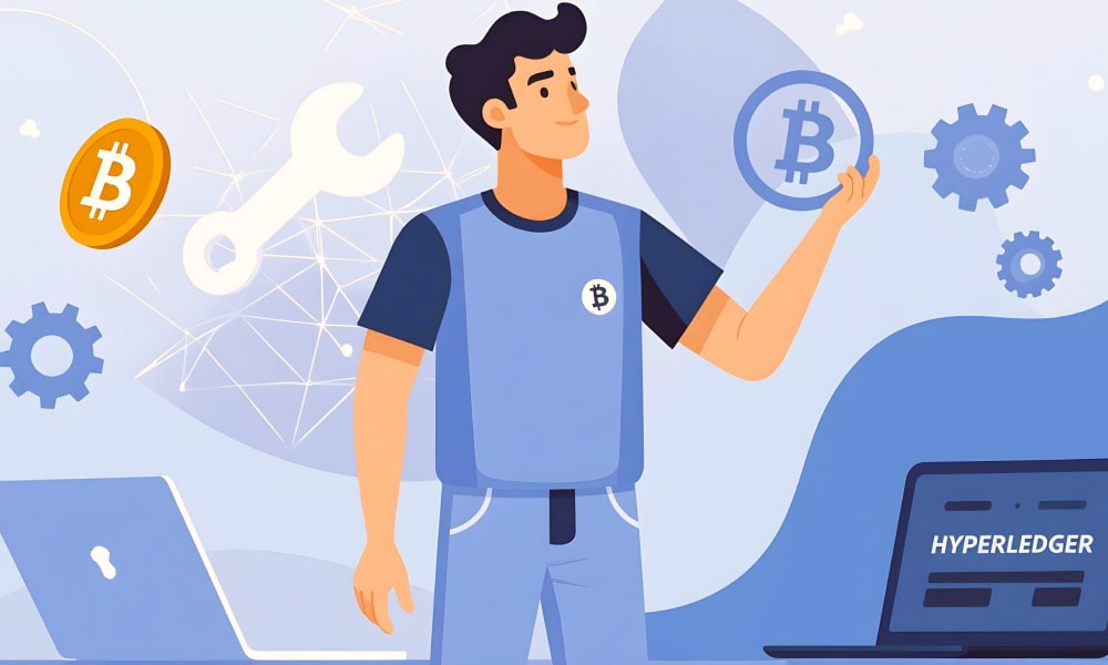 A person leans on an hourglass and using a laptop next to Hyperledger icon