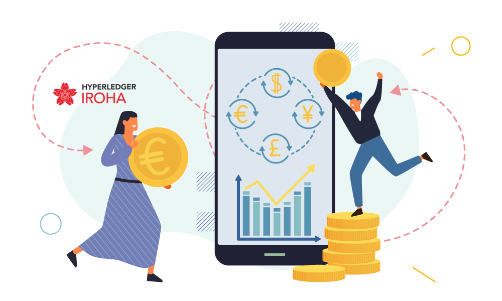 Two people carrying coins next to a phone and Hyperledger Iroha icon