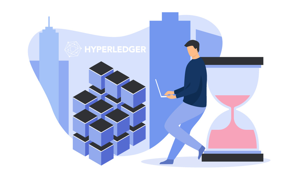 A person leans on an hourglass and using a laptop next to Hyperledger icon