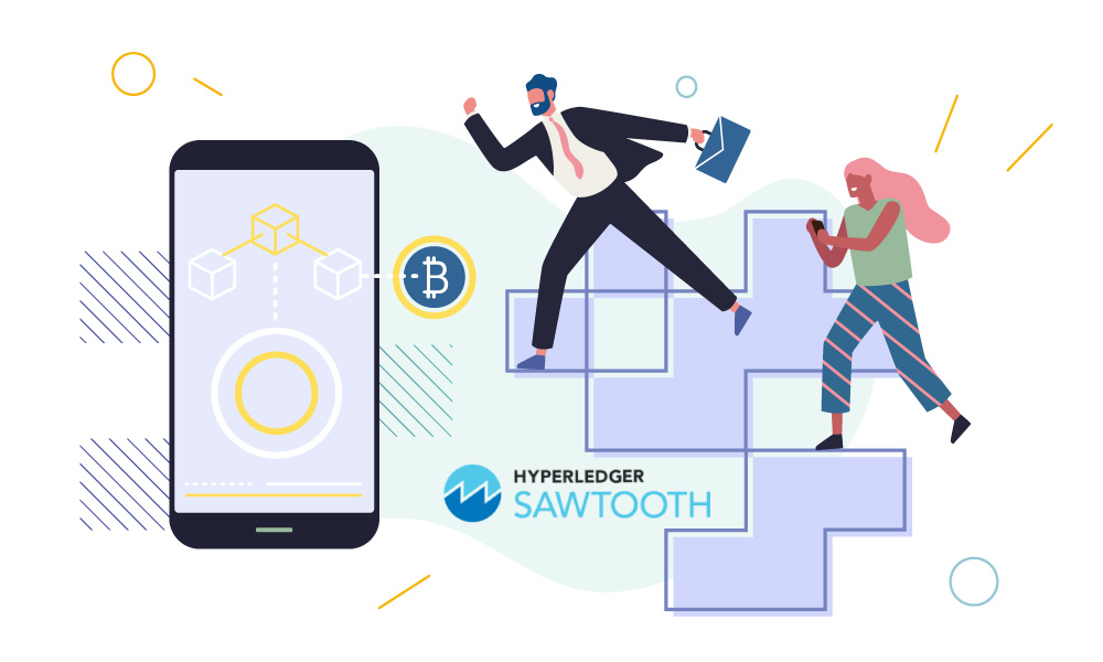 Two people next to a phone and Hyperledger Sawtooth icon