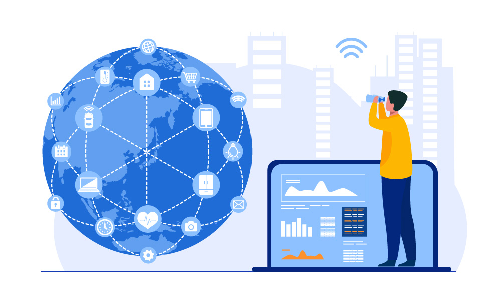 A person looking at the globe surrounded by an IoT network in a binocular