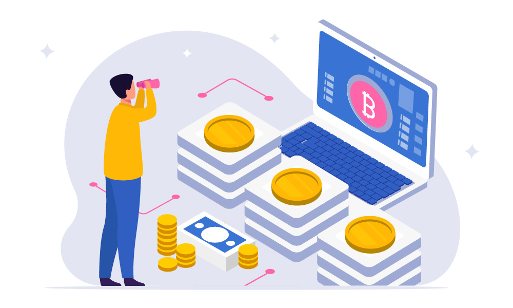 A person exploring types of stablecoins using a binoculars