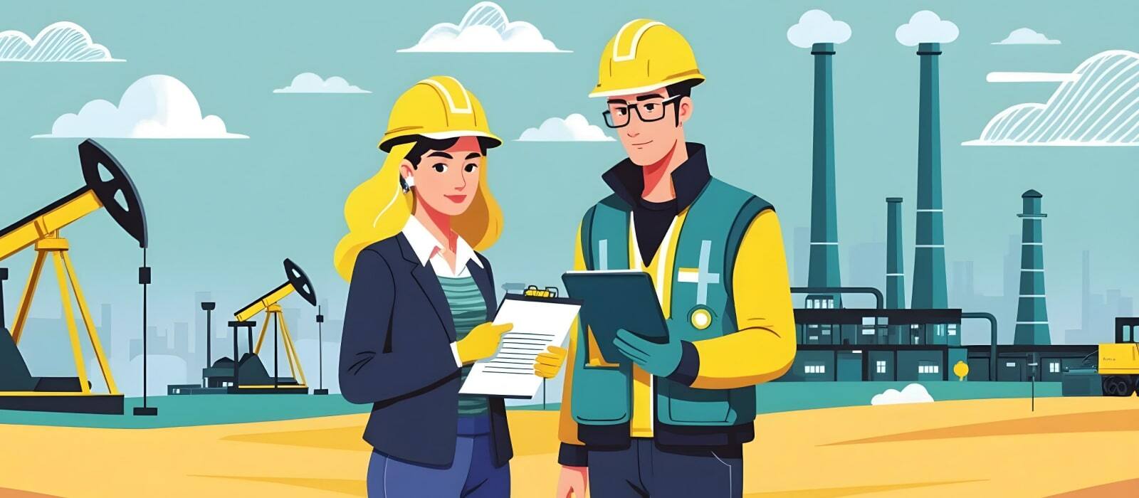 Two oil-industry workers on a plant and oil pumpjack background