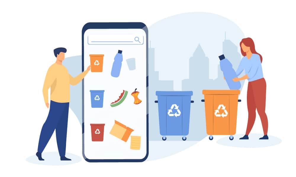People using a mobile app to sort garbage properly