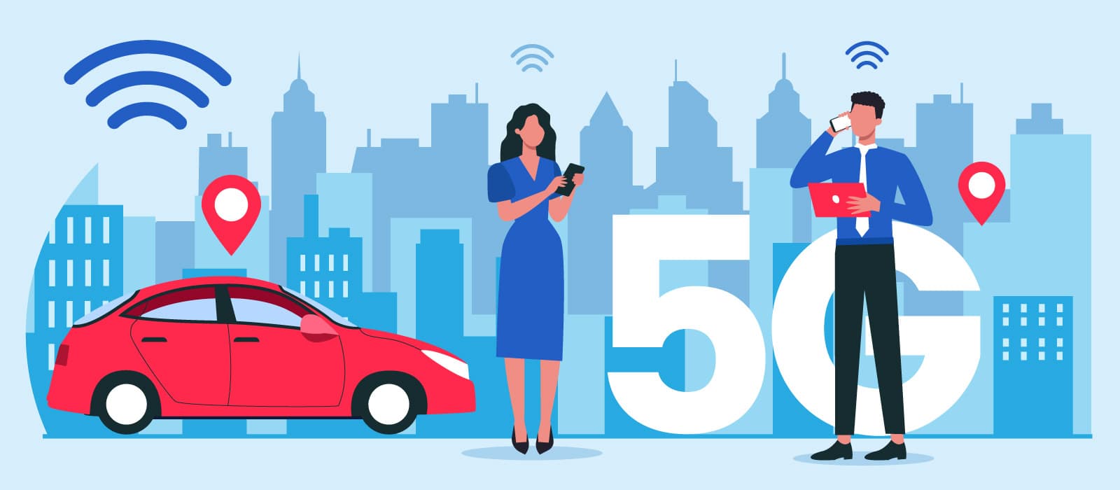 Two people communicating via phone next to a car, 5G icon, and wireless network icons